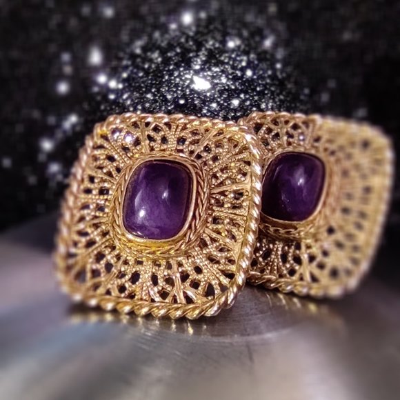 Statement GIVENCHY gold and Amethyst large clip on earrings Open work brutalist